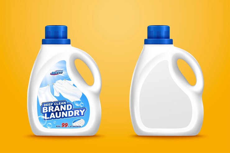 Vector maqueta de botella de detergente para ropa de ilustración 3d sobre fondo amarillo cromado uno con diseño de etiqueta