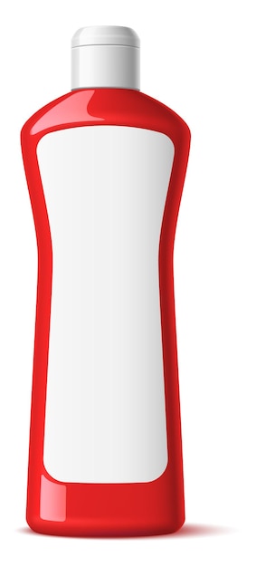 Maqueta de botella de plástico rojo. Recipiente de detergente en blanco aislado sobre fondo blanco.