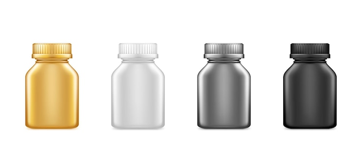 Vector maqueta de botellas cuadradas de plástico de medicina negra, dorada, plateada aislada sobre fondo blanco