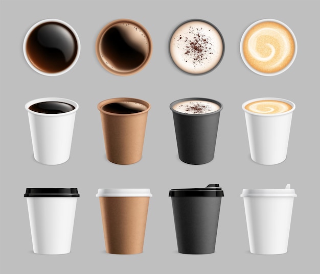 Vector maqueta de café para llevar. vaso de plástico de papel para líquidos y bebidas para llevar. taza de café con leche capuchino, ilustración de vector de bebidas de desayuno. bebida espresso, capuchino de aroma fresco.