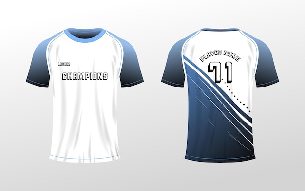 Maqueta de camiseta deportiva Camiseta azul blanca plana con el número 71 nombre del jugador ubicación de maqueta vista trasera y frontal diseño de camiseta para deportes iconos vectoriales