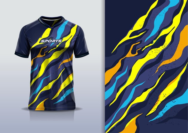 Maqueta de camiseta diseño abstracto de camiseta deportiva grunge para carreras de fútbol color azul amarillo