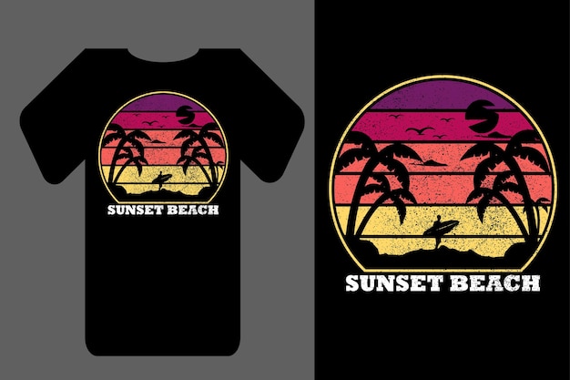 Maqueta camiseta silueta puesta de sol playa retro vintage