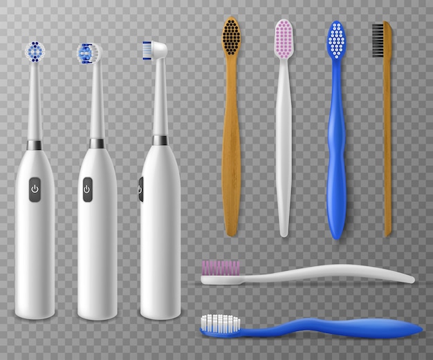 Maqueta de cepillos de dientes. Plástico realista, cepillo de dientes eléctrico en diferentes ángulos, artículos promocionales higiene bucal diaria por la mañana, vector de limpieza dental en fondo transparente