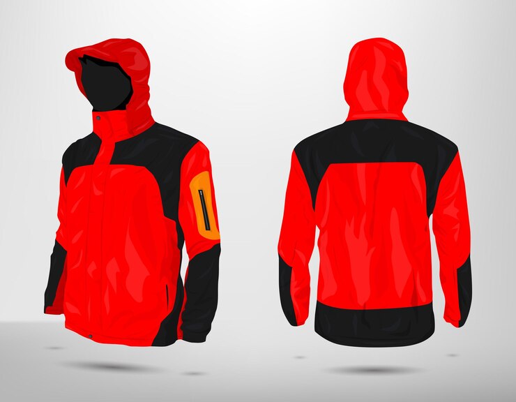 Vector maqueta de chaqueta de montaña negra roja vista frontal y posterior