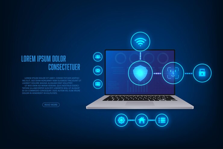 Vector maqueta de computadora portátil con icono concepto de seguridad cibernética en línea tecnología que conecta el fondo abstracto