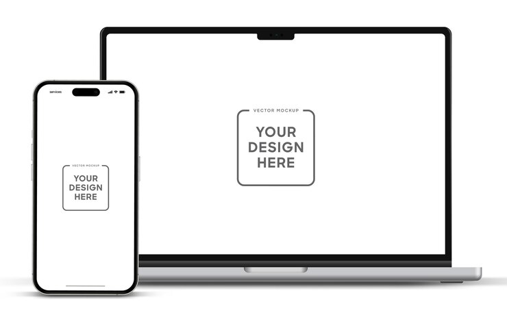 Vector maqueta de computadora portátil y teléfono inteligente de alta calidad aislada sobre fondo blanco