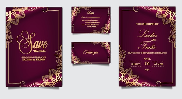 Maqueta de conjunto de diseño de tarjeta de invitación de boda de lujo