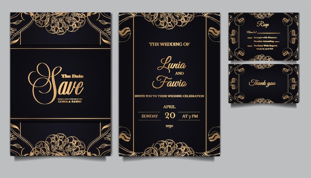 Vector maqueta de conjunto de tarjeta de invitación de boda elegante de lujo