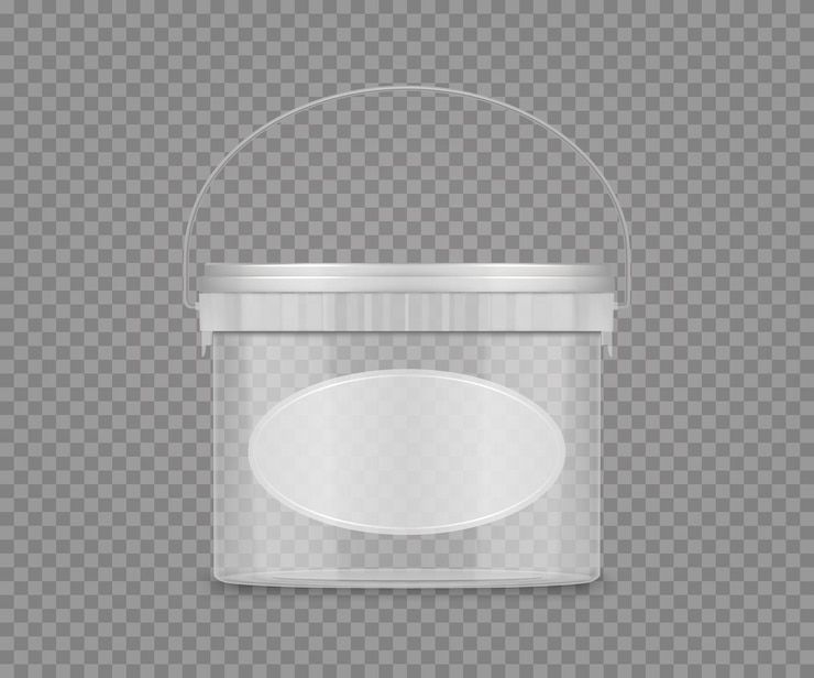 Vector maqueta de cubo transparente con etiqueta y asa para queso, helado, mayonesa, yogur