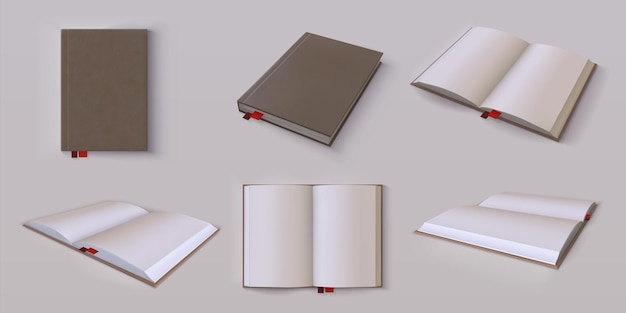 Maqueta de diario Planificador 3D abierto y cerrado en blanco realista Hojas de papel blanco para diseño de identidad de marca y publicidad Organizador de tapa dura con marcadores rojos y espacio de copia Conjunto aislado de libro vectorial