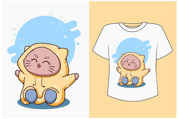 Maqueta de diseño de camiseta gato feliz con ilustración de dibujos animados de gato