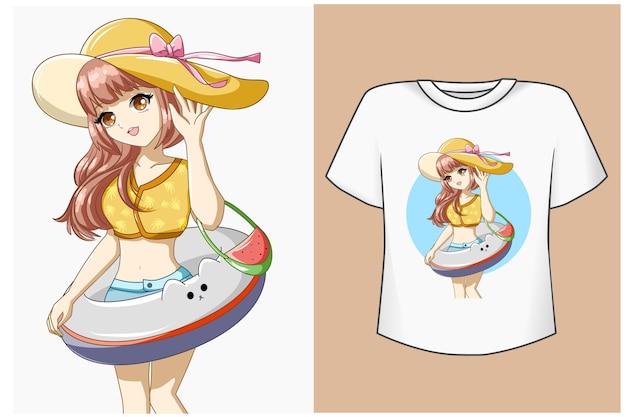 Maqueta de diseño de camiseta linda chica con lindo sombrero en verano