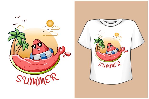 maqueta de diseño de camiseta linda sandía en la playa
