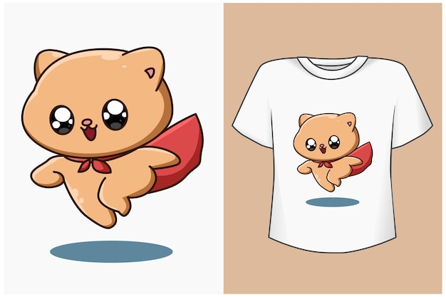 Maqueta de diseño de camiseta lindo héroe gato ilustración de dibujos animados