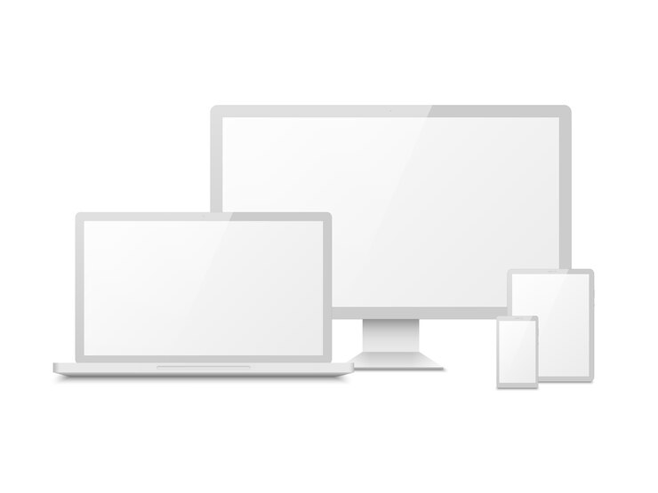 Vector maqueta de dispositivo blanca. tablet laptop smartphone pantalla computadora pc display. dispositivos multimedia con pantalla táctil electrónica 3d