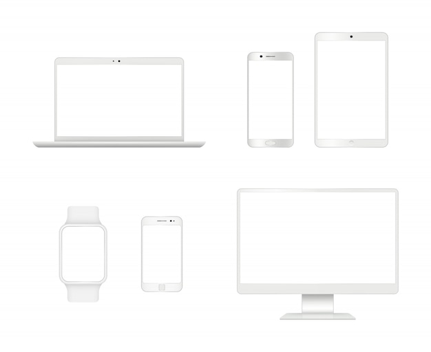 Maqueta de dispositivos informáticos. Pantalla de monitor de tableta de computadora portátil smartphone gadgets realistas modernos