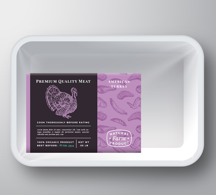 Vector maqueta de embalaje de contenedor de bandeja de plástico de pavo