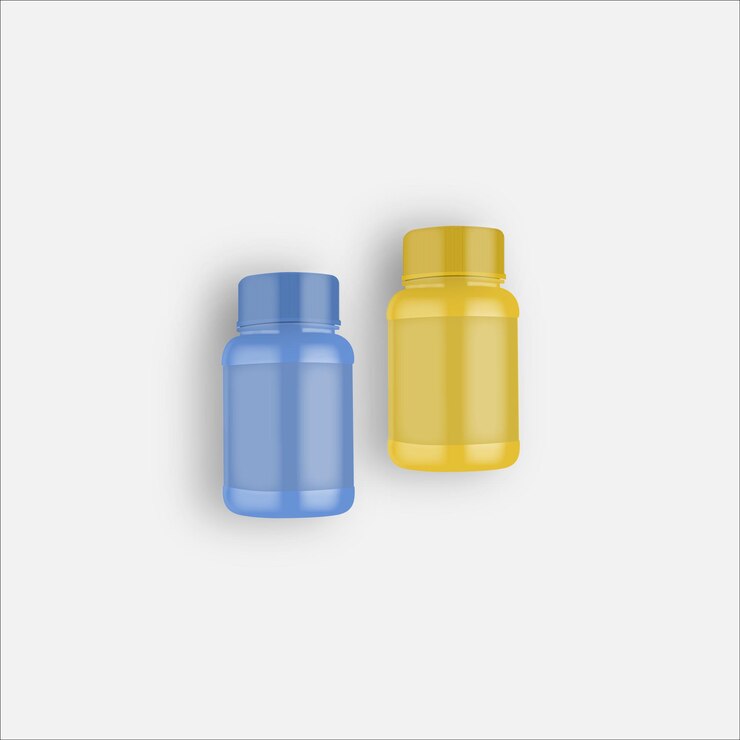 Maqueta de empaque de botella de medicina conjunto realista en blanco ilustración vectorial aislada