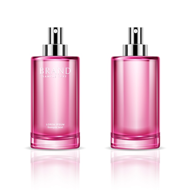 Maqueta de envase de botella de spray cosmético transparente realista rosa aislado sobre fondo blanco. Botella para líquido, perfume o esencia de aceite. Elemento de diseño. Ilustración 3D.