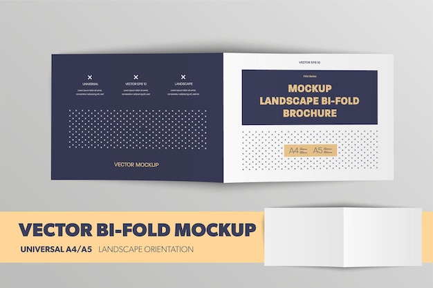 Maqueta de folleto horizontal estándar universal A4 A5 bifold con sombras realistas