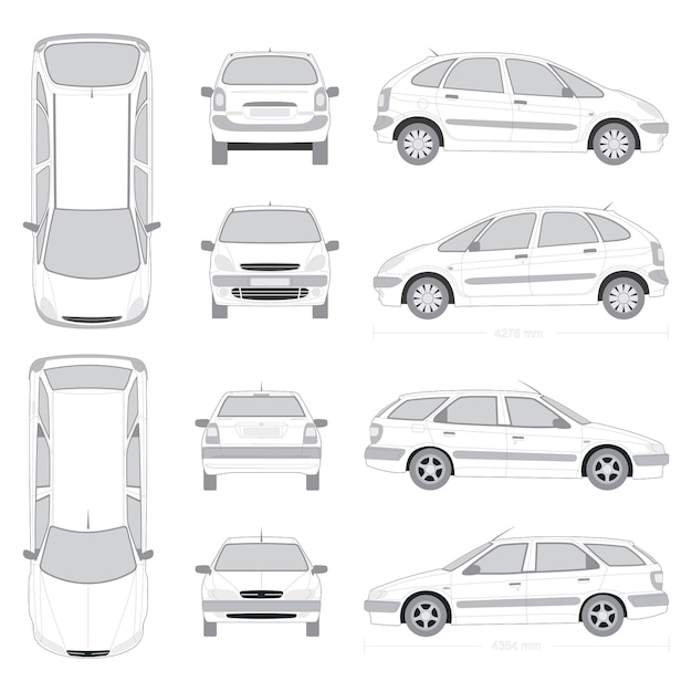 Maqueta de furgoneta de coche de vector libre con imágenes realistas aisladas de automóvil desde diferentes ángulos