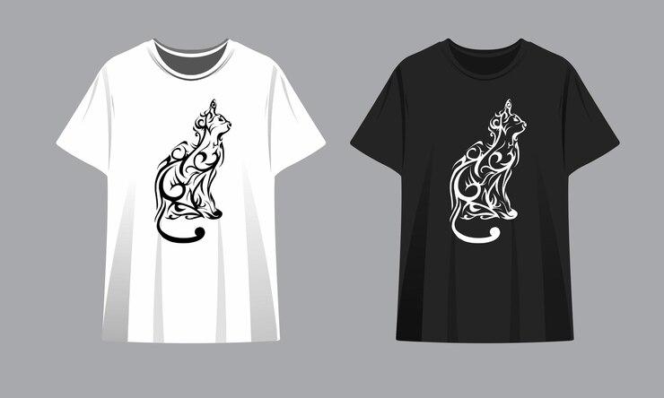 Vector maqueta de gato tribal de camiseta en blanco y negro
