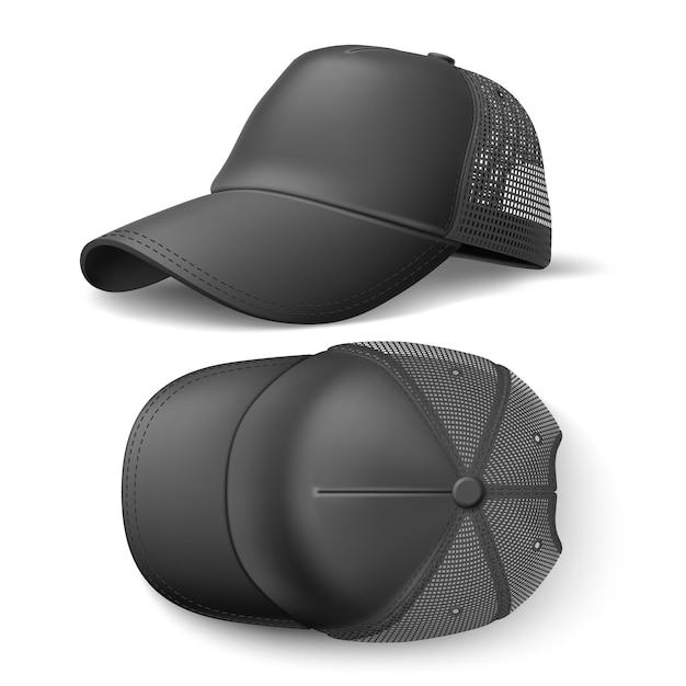 Vector maqueta de gorra de béisbol snapback tocado deportivo negro realista con visera y malla translúcida en la parte occipital vista superior y lateral conjunto de vectores de plantilla de marca de marketing textil vacío