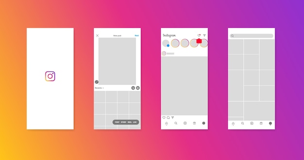 Maqueta de interfaz de Instagram plantilla de interfaz de redes sociales maqueta de páginas de Instagram fondo de gradiente iconos de diseño de redes sociales maqueta de interfaz editorial de Instagram ilustración vectorial