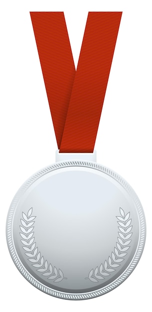 Maqueta de medalla de plata trofeo de metal brillante en cinta roja