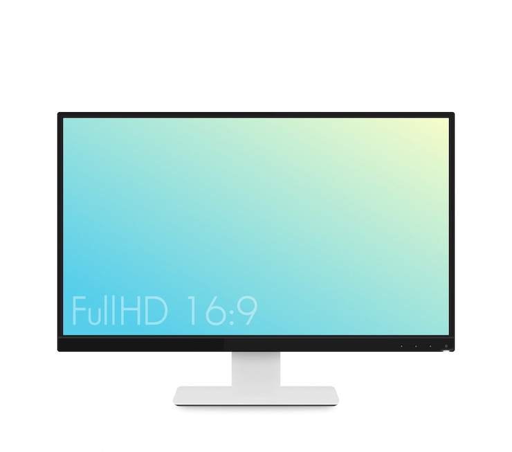 Vector maqueta de monitor, pantalla de computadora moderna y realista con pantalla ancha y marcos delgados, ilustración