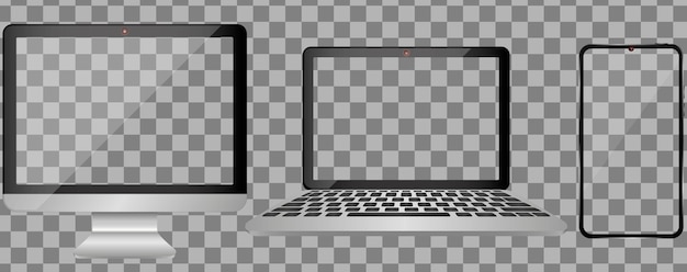Vector maqueta de pantalla de dispositivo smartphone portátil y monitor monobloque con pantalla en blanco para su diseño