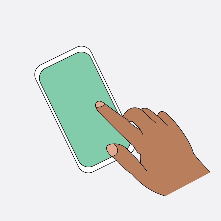 Vector maqueta de pantalla de teléfono móvil tocando con el dedo tocando en el teléfono inteligente ilustración plana