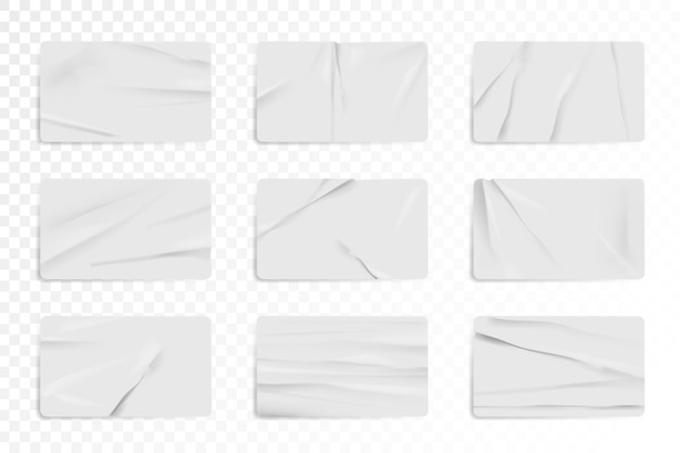 Maqueta de pegatina rectangular arrugada pegada en blanco