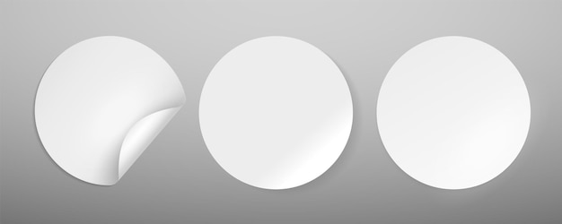 Maqueta de pegatinas redondas. Etiquetas adhesivas de círculo blanco en blanco con esquina curva y colección de promoción recta, papel vacío o plantilla de emblema adhesivo de plástico con sombras vector aislado conjunto realista