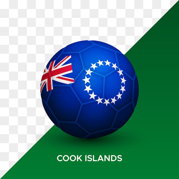 Maqueta de pelota de fútbol de fútbol realista con ilustración de vector 3d de bandera de Islas Cook aislado