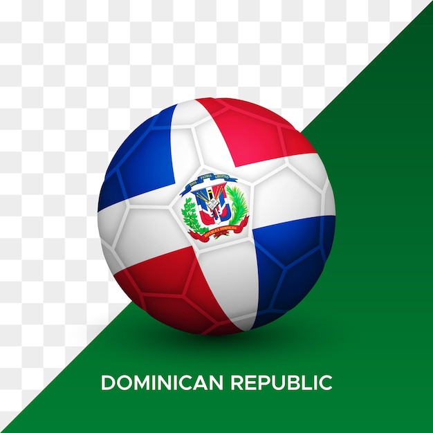 Maqueta de pelota de fútbol de fútbol realista con ilustración de vector 3d de bandera de república dominicana aislado