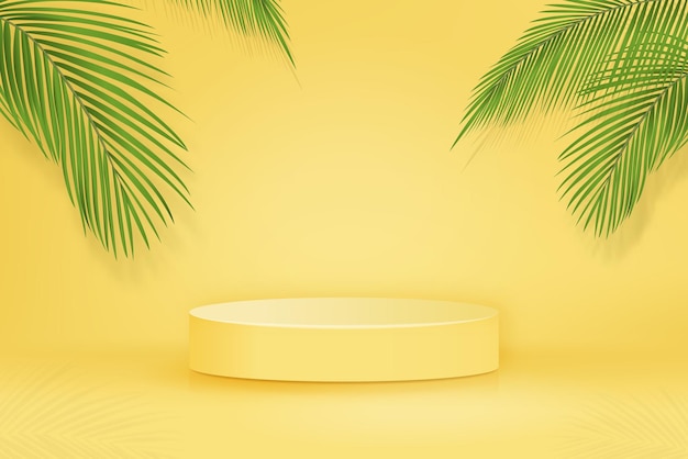 Maqueta de podio de escenario 3D sobre fondo amarillo con hojas de palmera para alimentos y colocación de productos en conceptos tropicales, ilustración vectorial