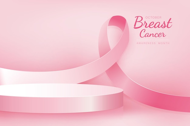 Maqueta de podio para exhibición de productos con cinta de concientización sobre el cáncer de mama en fondo rosa