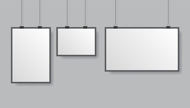 Maqueta de póster vectorial con marco blanco aislado sobre fondo gris Banner vacío realista