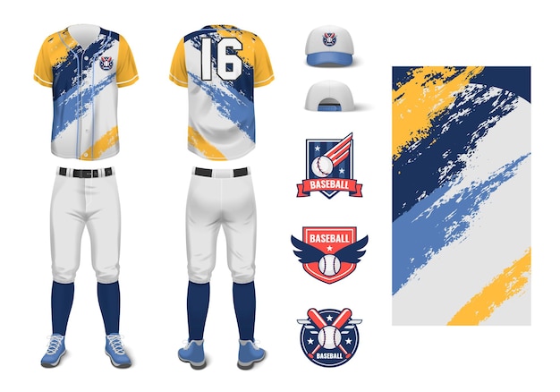 Maqueta realista del uniforme de la camiseta deportiva de béisbol con adornos abstractos de colores ilustración vectorial aislada