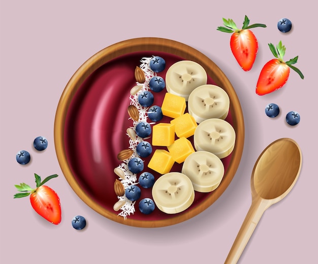 Maqueta realista de vector de tazón de batido de Acai. Plátano y frutas encima. Alimentos orgánicos saludables verdes