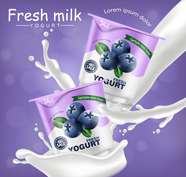 Vector maqueta realista de yogur de arándanos