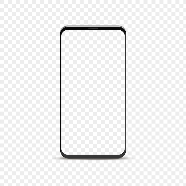 Maqueta de smartphone realista. Teléfono en blanco con pantalla y fondo transparentes, marco de teléfono negro, publicidad en la pantalla del dispositivo, plantilla aislada de vector 3d de tecnología inteligente de comunicación en línea