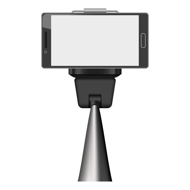 Vector maqueta de smartphone en selfie stick ilustración realista de smartphone en maqueta de vector de selfie stick para diseño web aislado en fondo blanco