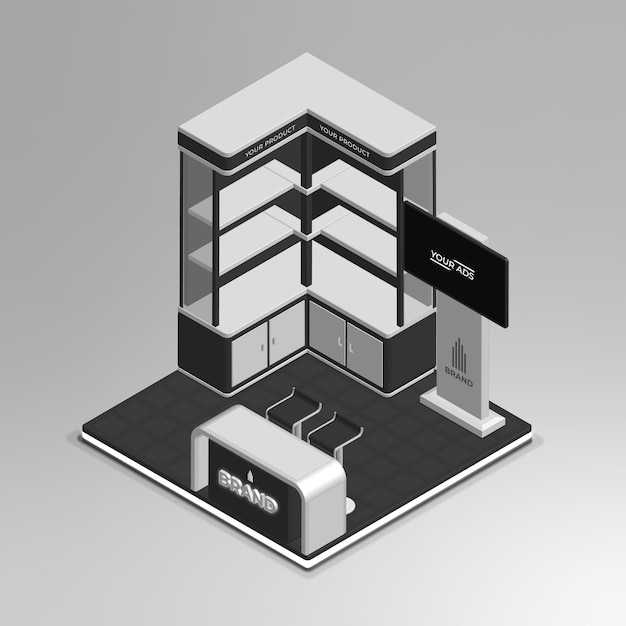 Maqueta de stand de exhibición vector isométrico 3d