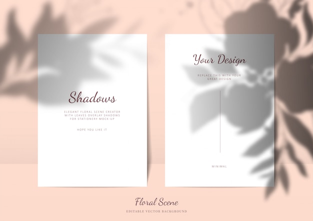 Maqueta de tarjetas elegantes con sombras superpuestas florales. Escena de vector de tarjeta de papelería vacía editable con fondo de flores