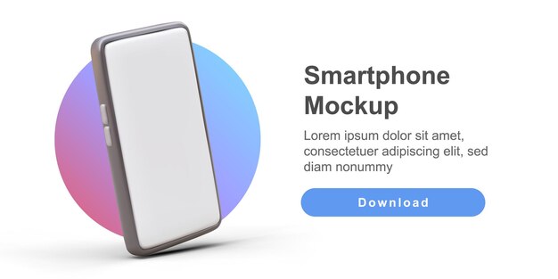 Maqueta de teléfono inteligente 3D Teléfono con pantalla en blanco Imagen volumétrica para publicidad de aplicaciones de dispositivos modernos Plantilla de color con texto y botón de descarga