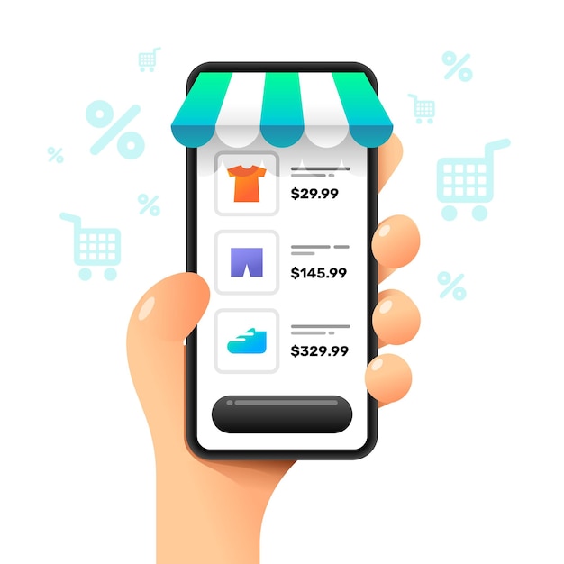 Maqueta de teléfono inteligente en mano humana Compra de productos en la tienda Compras en línea vectoriales