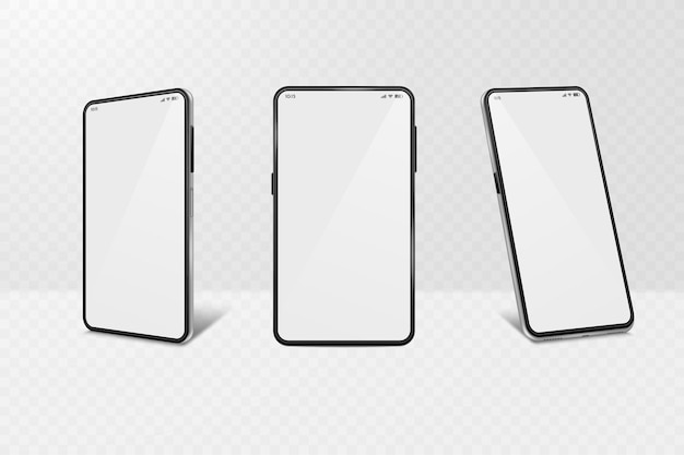Maqueta de teléfono inteligente con pantalla blanca El teléfono móvil aislado desde diferentes ángulos